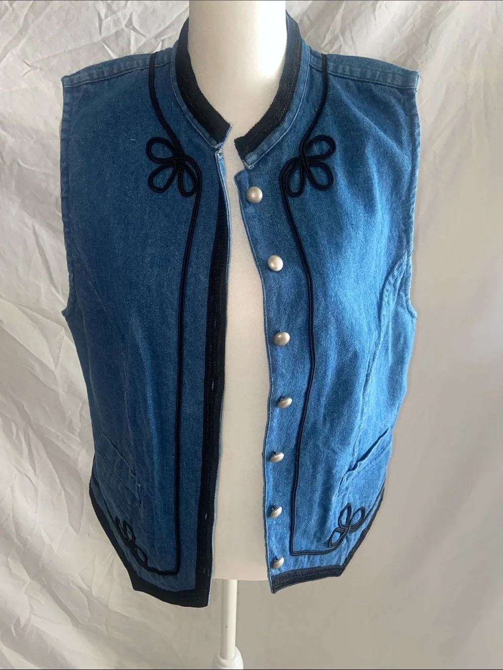 Vintage Sleeveless Blue Denim Vest with Black Trim ladies large